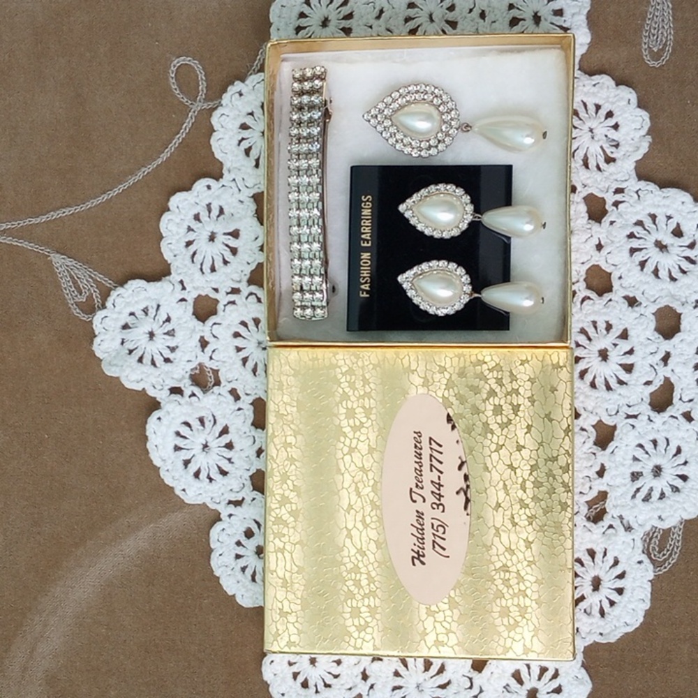 Rhinestone Barrette, Double Pearl Drop Pierced Earrings, & Broach Pin
